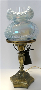 Blue Iridized Fenton Lamp with Ruffled Top - Gold Tone Metal Base - Measures 19 Tall 