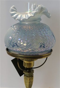 Blue Iridized Fenton Lamp with Ruffled Top - Gold Tone Metal Base - Measures 19 Tall 