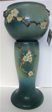Roseville Blue Apple Blossom Jardinière and Pedestal - Overall Measurement 24 - Pedestal Marked Number 305 - 8 