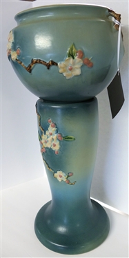Roseville Blue Apple Blossom Jardinière and Pedestal - Overall Measurement 24 - Pedestal Marked Number 305 - 8 