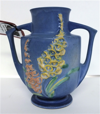 Roseville Blue Foxglove Double Handled Vase - Number 46 - 7 - One Handle Has Been Repaired