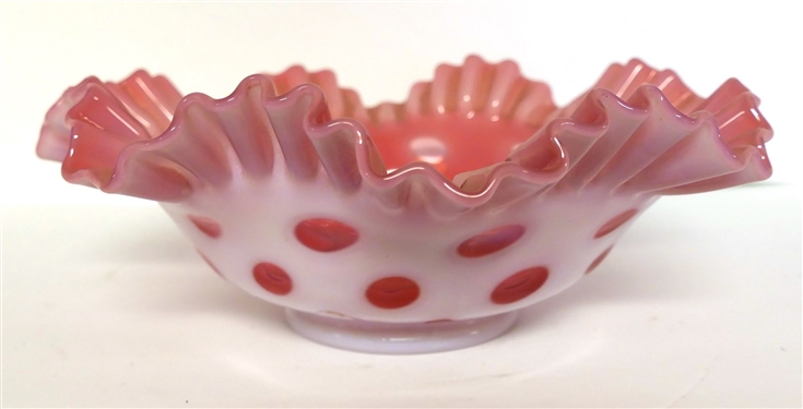 Fenton Cranberry Coin Spot Ruffled Edge Bowl - Measures 4 tall 9 1/2 Across