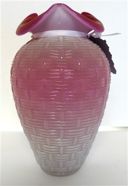 Signed Fenton Cranberry Basket Weave Vase - Measures 9 Tall 