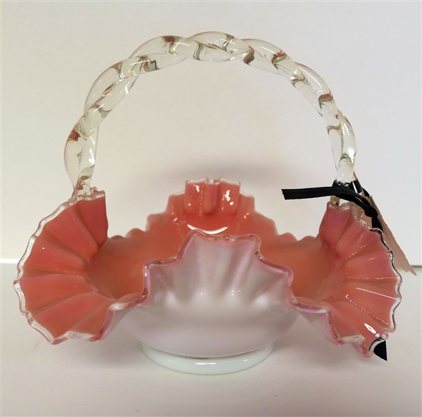 4" Pink and White Silver Crest Vase and Silvercrest Basket with Applied Handle - Has Been Repaired - Measures 7" Tall 6" by 6"