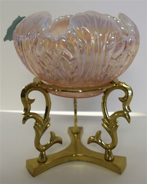 Fenton Pink Carnival Blow on Brass Stand - Bowl Has Original Sticker - Overall Measures 8 1/2" Tall Bowl Measures 6 1/2" Across