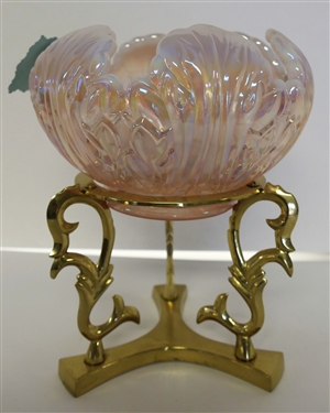 Fenton Pink Carnival Blow on Brass Stand - Bowl Has Original Sticker - Overall Measures 8 1/2 Tall Bowl Measures 6 1/2' Across