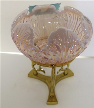 Fenton Pink Carnival Blow on Brass Stand - Bowl Has Original Sticker - Overall Measures 8 1/2 Tall Bowl Measures 6 1/2' Across
