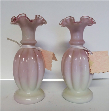 Pair of 9 Pink and White Silver Crest Vases  - Ruffled Tops 