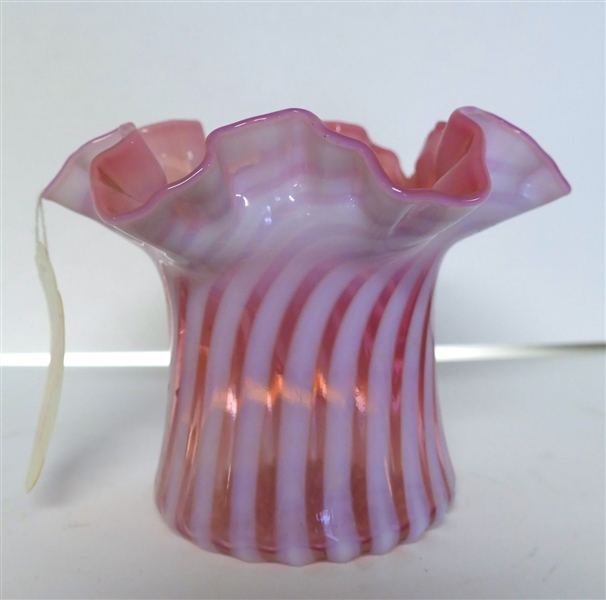 Cranberry Swirl Ruffled Edge Vase - Measures 4 3/4" Tall 6" Across