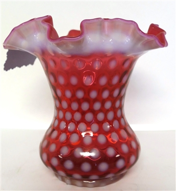 Fenton Cranberry Polka Dot Ruffled Edge Vase - Measures 6 tall 7 Across
