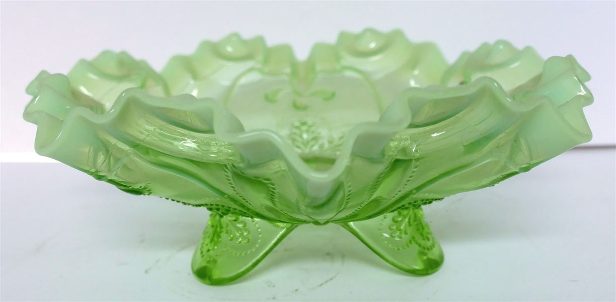 Fenton? Green Opalescent Footed Bowl - Measures 3 1/2" tall 8 1/2" Across