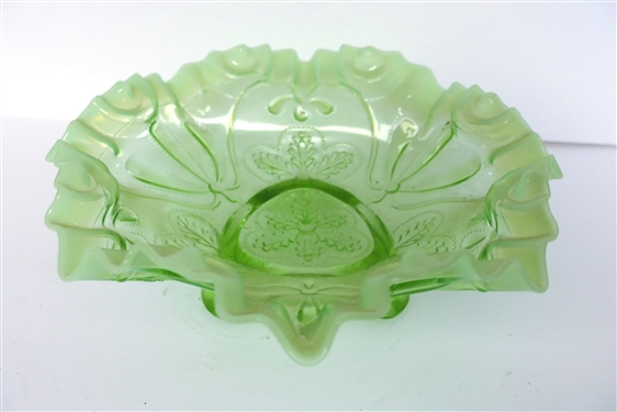 Fenton? Green Opalescent Footed Bowl - Measures 3 1/2 tall 8 1/2 Across