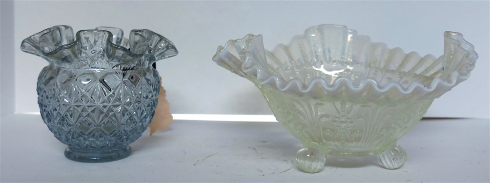 Fenton Clear Opalescent Footed Bow and Light Blue Vase with Ruffled Edge - Bowl Measures 9 Across - Small Chip On Bottom - Vase Measures 4 Tall 
