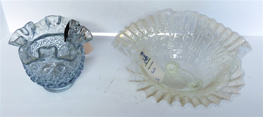 Fenton Clear Opalescent Footed Bow and Light Blue Vase with Ruffled Edge - Bowl Measures 9 Across - Small Chip On Bottom - Vase Measures 4 Tall 