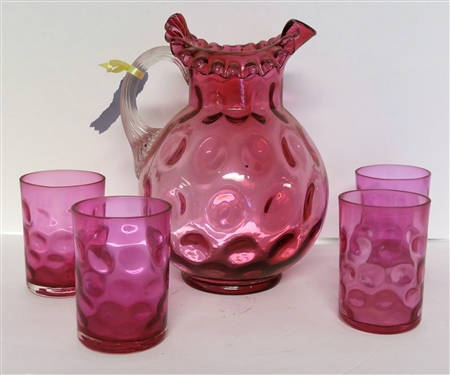 Fenton Cranberry Coin Spot Pitcher and 4 Glass Set - Pitcher Measures 9 1/2 Tall Glasses 4 Tall 