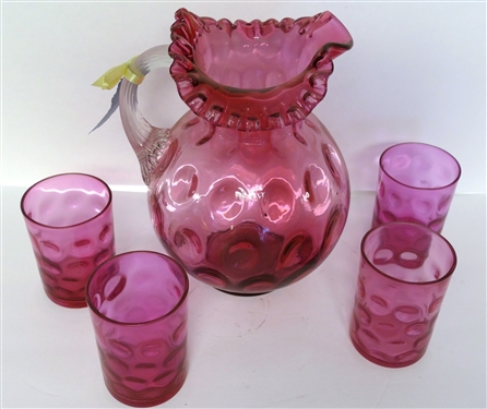 Fenton Cranberry Coin Spot Pitcher and 4 Glass Set - Pitcher Measures 9 1/2 Tall Glasses 4 Tall 