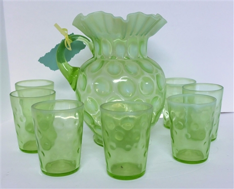Fenton Green Opalescent Coin Spot Pitcher and 7 Glasses - Pitcher Measures 9 1/2 Tall Glasses 4 