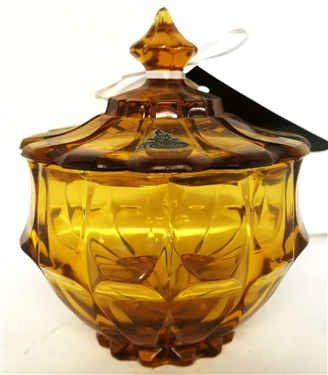 Signed Fenton Amber Candy Jar with Lid - With Original Sticker - Measures 6 Tall 5 Across 
