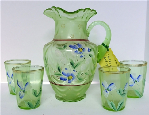 Early Fenton Hand painted Pitcher and 4 Glasses Set - Enamel Floral Painted - Pitcher Measures 10 tall Glasses 4 Tall 