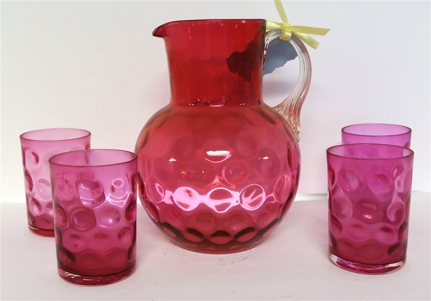 Fenton Cranberry Coin Spot Pitcher and 4 Glasses - Clear Applied Handle - Pitcher Measures 9" tall Glasses 4" Tall 
