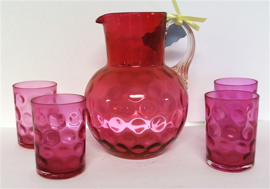 Fenton Cranberry Coin Spot Pitcher and 4 Glasses - Clear Applied Handle - Pitcher Measures 9 tall Glasses 4 Tall 