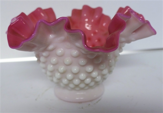 White and Pink Hobnail Ruffled Edge Vase Measuring 4 1/4 Tall 7 Across
