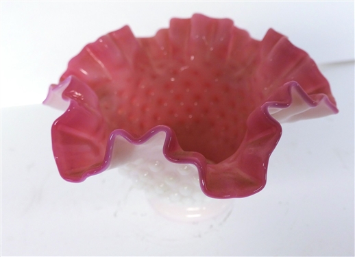 White and Pink Hobnail Ruffled Edge Vase Measuring 4 1/4 Tall 7 Across