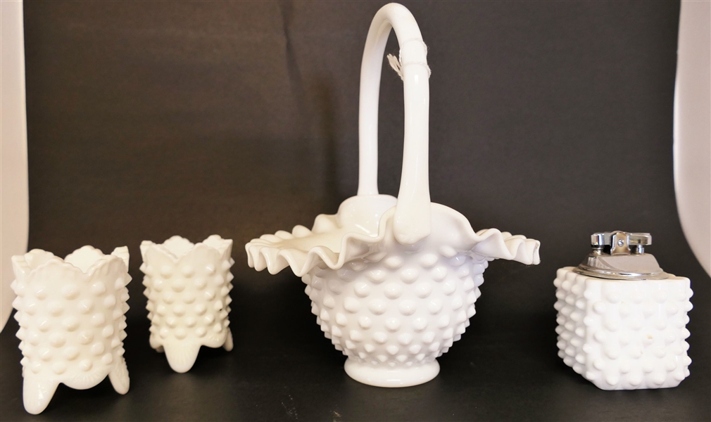 Hobnail Milk Glass Basket, 2 - Toothpick Holders, and Lighter - Basket Measures 9" tall 5" by 6 1/2"