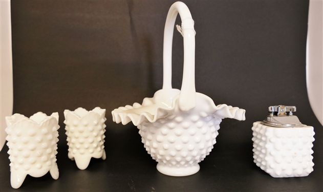Hobnail Milk Glass Basket, 2 - Toothpick Holders, and Lighter - Basket Measures 9 tall 5 by 6 1/2