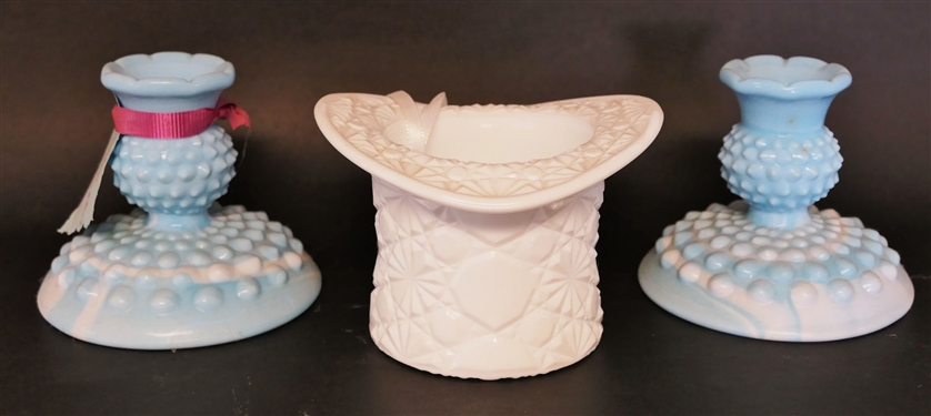 Fenton Daisy and Button  Milk Glass Hat and Pair of Blue Hobnail Slag Glass Candle Sticks - Measuring 3 1/2 Tall 
