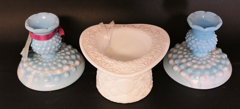 Fenton Daisy and Button  Milk Glass Hat and Pair of Blue Hobnail Slag Glass Candle Sticks - Measuring 3 1/2 Tall 