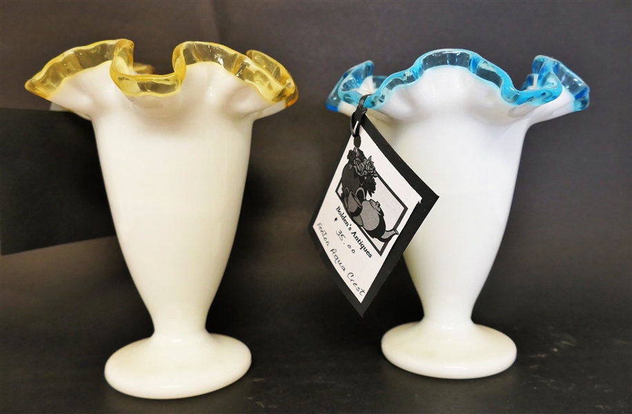 Pair of Fenton Vases - 1 Gold Crest and 1 Blue Crest - Each Vase Measures 6 1/2" tall 