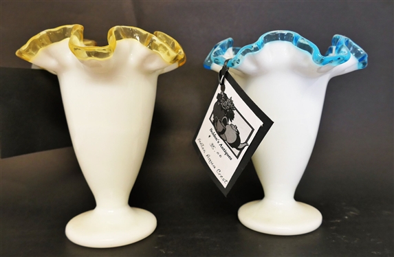 Pair of Fenton Vases - 1 Gold Crest and 1 Blue Crest - Each Vase Measures 6 1/2 tall 