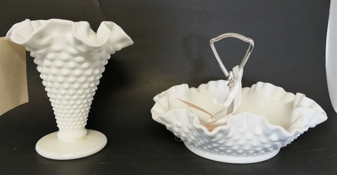 Hobnail Milk Glass Vase and Bon Bon Dish  - Vase Measures 5 1/2" 