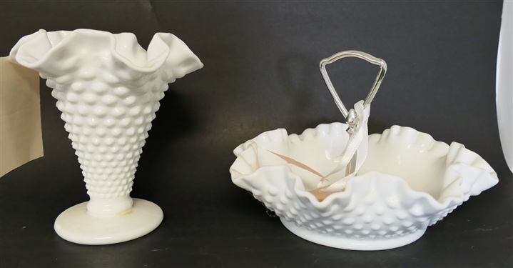 Hobnail Milk Glass Vase and Bon Bon Dish  - Vase Measures 5 1/2 