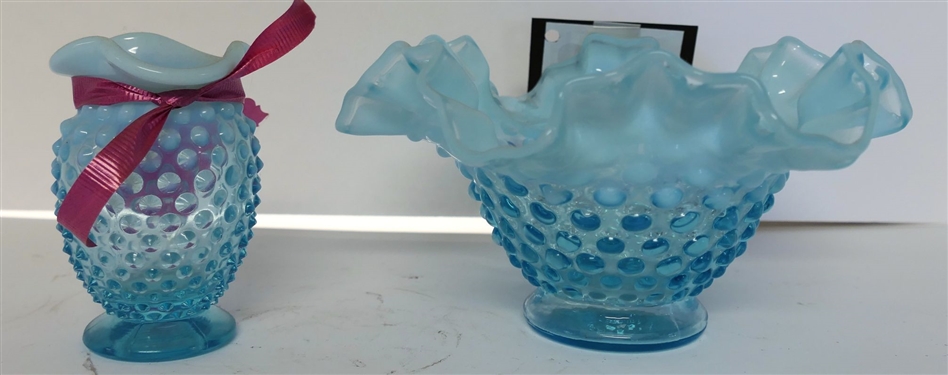 2 Pieces of Blue Opalescent Fenton -3 1/2 Vase and Footed Bowl 