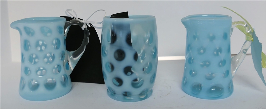 3 Pieces of Blue Coin Spot - 2 Creamers and 1 Tumbler - All Pieces Measure 4 Tall 