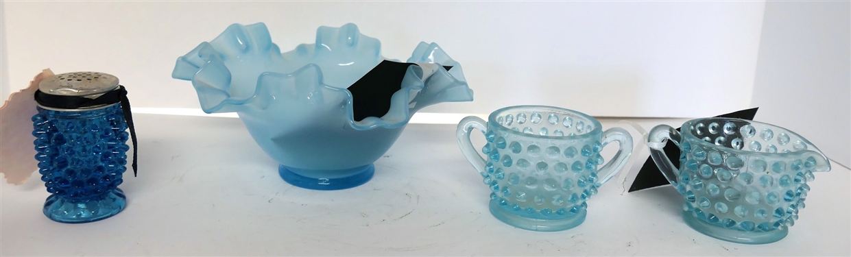Blue Ruffled Edge Bowl, Dark Blue Hobnail Shaker, and Light Blue Hobnail Cream and Sugar Bowl Measures 3 1/2 Tal 7 Across