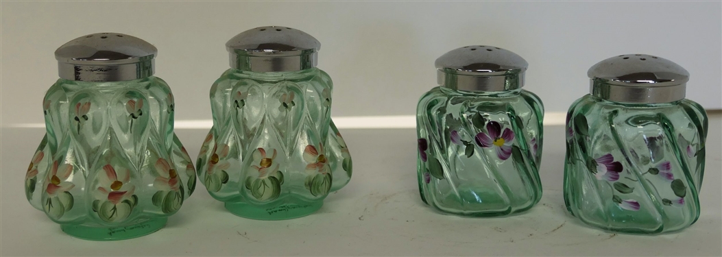 4 Signed Fenton Hand Painted Shakers - 1 Pair  Signed by the Artist A. Meeks, 1 Pair S. Johnson 