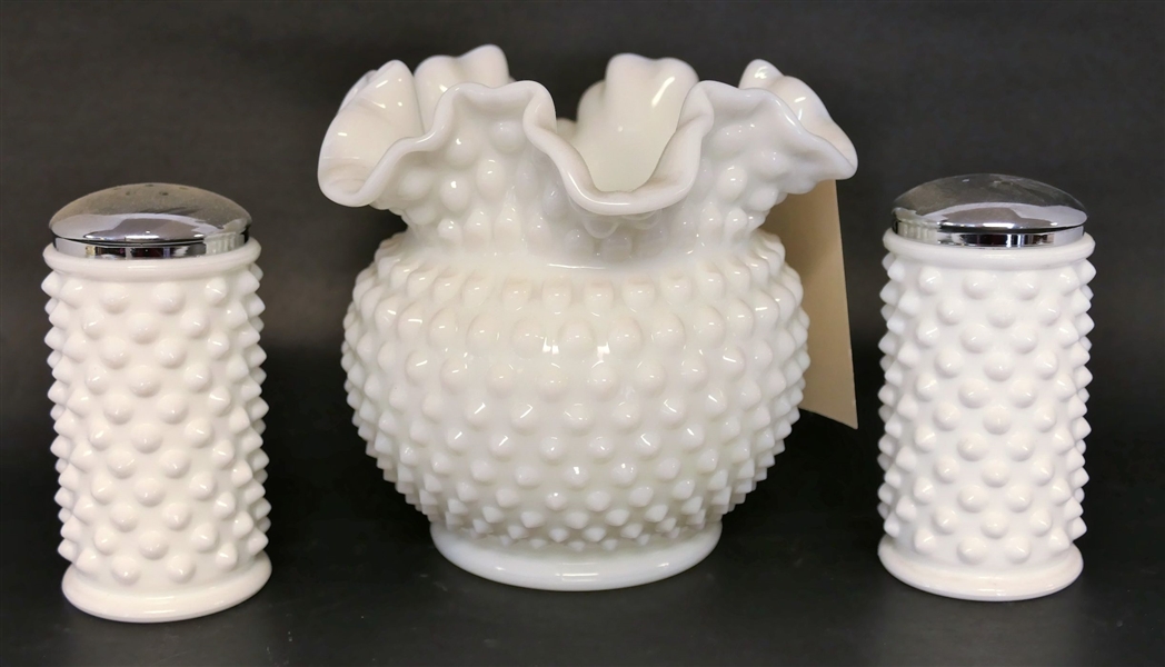 1 Pair of Signed Fenton Hobnail Milk Glass Shakers and Hobnail Large Vase - Shakers Measure 4" Tall Vase 5 1/2" Tall 