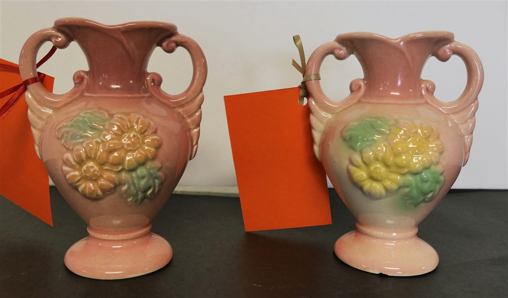 Pair of Hull Vases with Yellow Flowers - Measuring 5 1/2" tall - Number 88 - Small Chips On Edges of Foot 