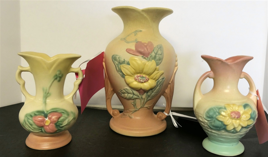 3 Pieces of Hull Including - Magnolia Vase (1946) 2 - 8 1/2" with Some Crazing, Wildflower Vase - 5 1/2" Tall and Water Lily Vase - 5 1/2" - Has Been Repaired 