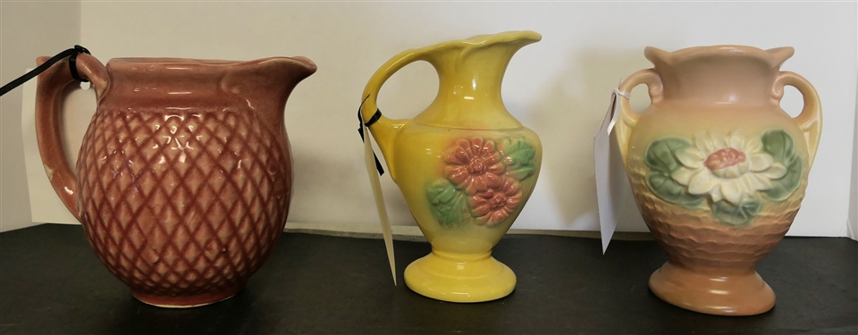 3 Pieces of Hull - Water Lily 5 1/2, 5 1/2 Pitcher and Hull Pitcher with Damage To Bottom and Repaired Handle 