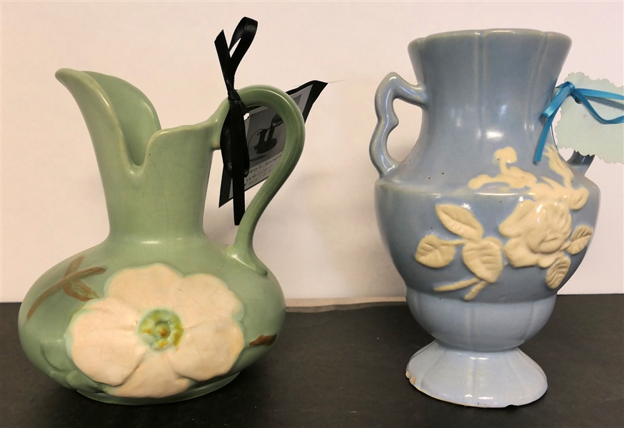 2 Pieces of Weller Pottery -Pitcher 6 1/2" Tall and Blue Vase 7 1/2" Tall - Some Chips On Bottom Edge 