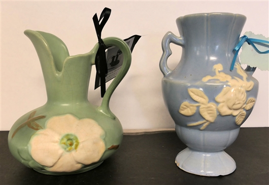 2 Pieces of Weller Pottery -Pitcher 6 1/2 Tall and Blue Vase 7 1/2 Tall - Some Chips On Bottom Edge 