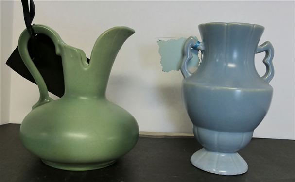 2 Pieces of Weller Pottery -Pitcher 6 1/2 Tall and Blue Vase 7 1/2 Tall - Some Chips On Bottom Edge 
