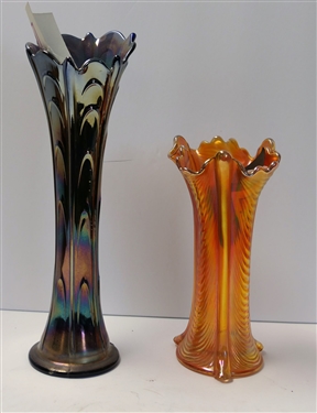 2 - Carnival Vases -Signed Northwood Marigold Carnival 8 Vase and Blue Carnival 11 1/2 Tall 