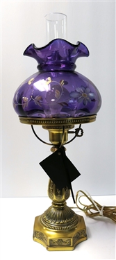 Hand Painted Fenton Lamp - Amethyst with Enamel Flowers - Measuring 21 Tall - With Original Fenton Sticker