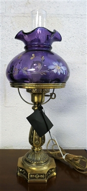 Hand Painted Fenton Lamp - Amethyst with Enamel Flowers - Measuring 21 Tall - With Original Fenton Sticker