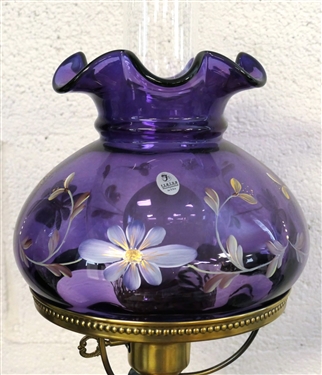 Hand Painted Fenton Lamp - Amethyst with Enamel Flowers - Measuring 21 Tall - With Original Fenton Sticker